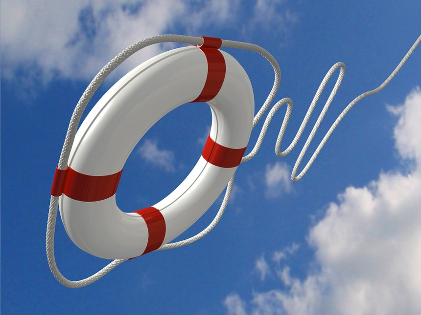 High definition CGI image of a red and white innertube being thrown against a background of blue, cloudy skies.