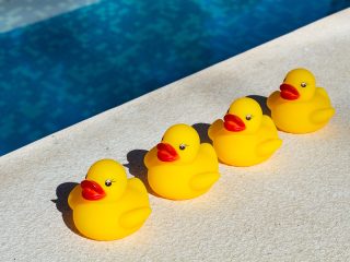 A Photo Of Four Yellow Rubber Ducks In A Row